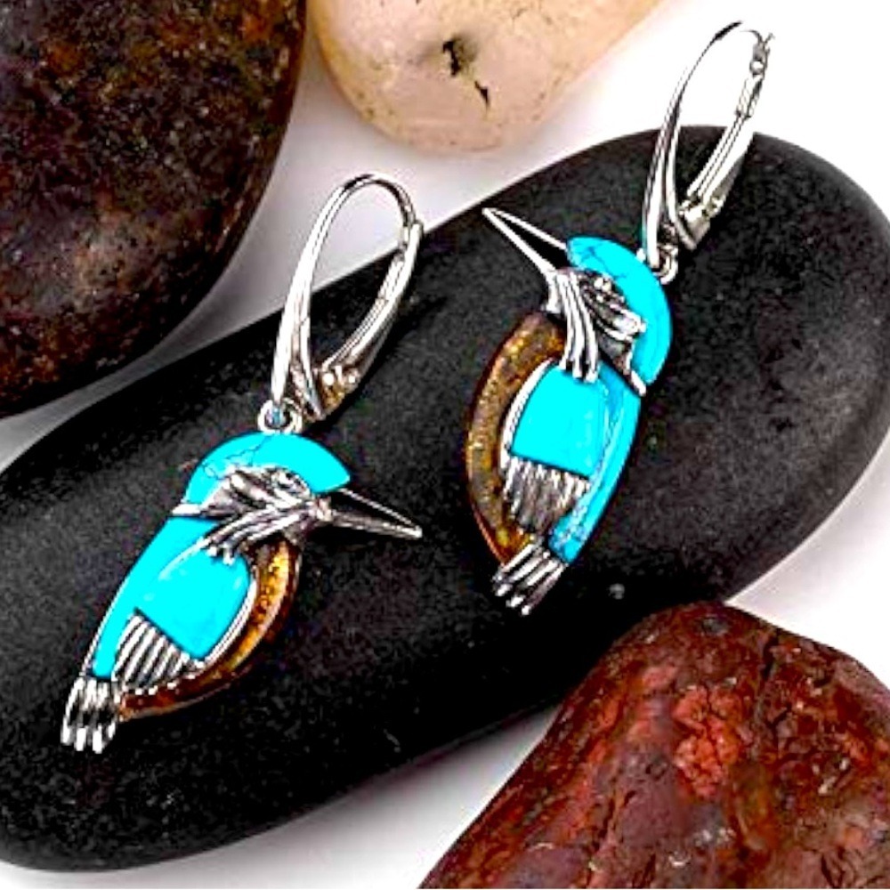 Silver‎ Metal Native  Turquoise Bird Dangle Earrings